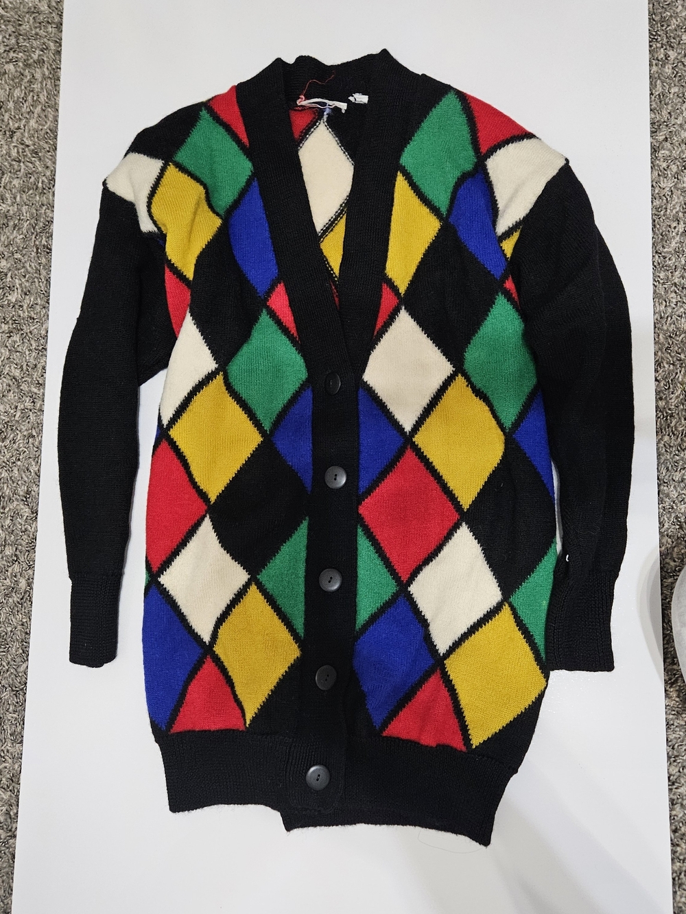 Men's Black Argyle Cardigan Sweater with Multicolor Diamond Pattern